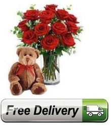 Red Roses<br> Bear & Vase<br><B>FREE NEXT DAY DELIVERY from Flowers All Over.com