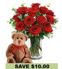 Red Roses<br> Bear & Vase<br>Courier Delivered