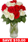 12 Red & White Long Stem Roses W/Free Vase
