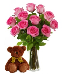 Pink Roses<br> Bear & Vase<br><B>FREE NEXT DAY DELIVERY from Flowers All Over.com