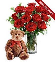 Red Roses<br> Bear & Vase<br><B>FREE NEXT DAY DELIVERY from Flowers All Over.com 