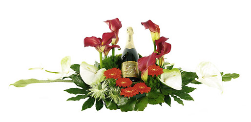 Arrangement with bottle of champagne from Flowers All Over.com 